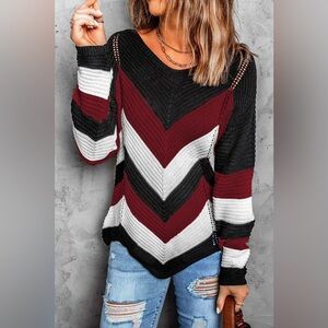 Stylish Chevron Knit Sweater - Black, Burgundy, White